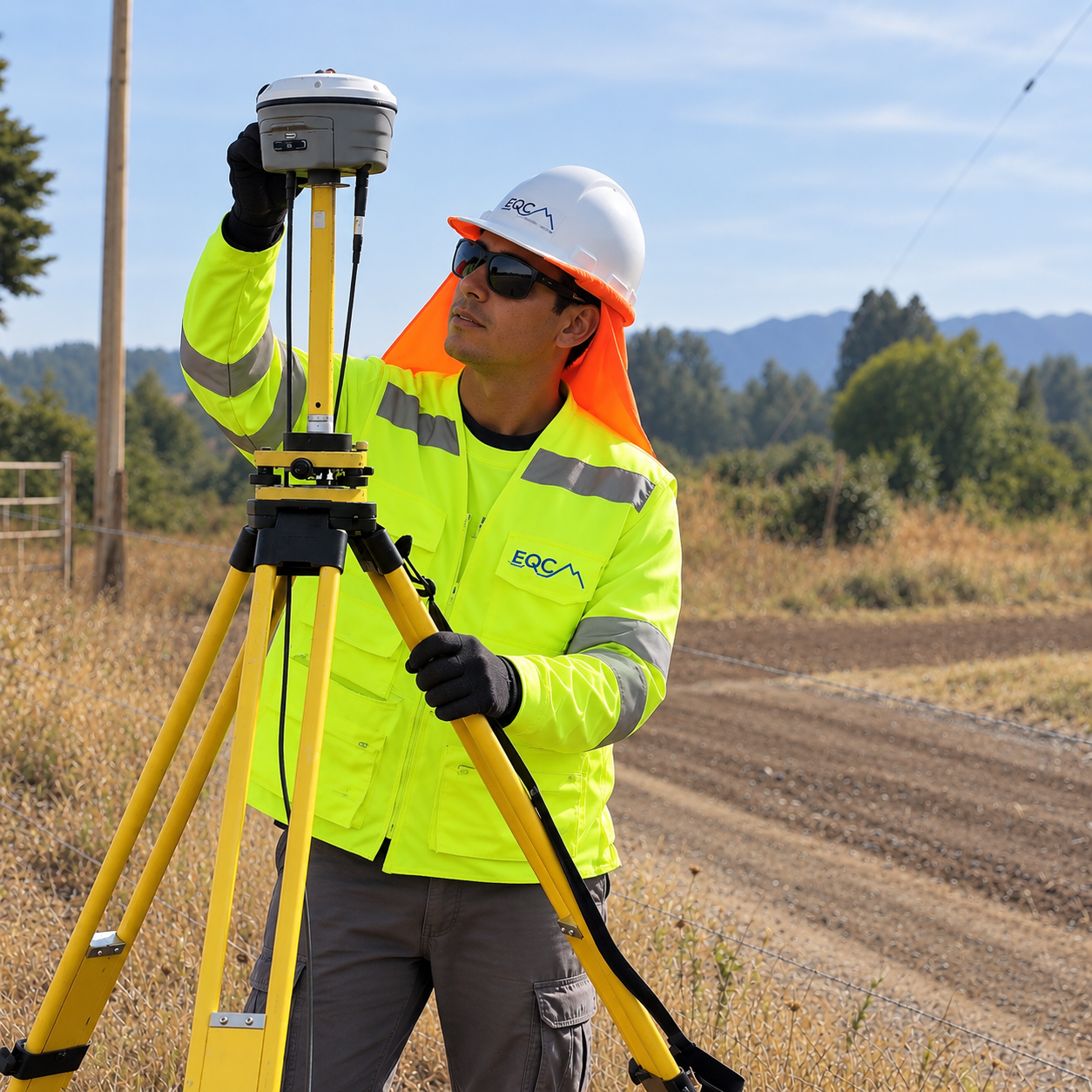 Profesional de EQC ajustando un equipo de medición topográfica en terreno